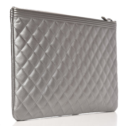 Chanel Metallic Caviar Quilted Large Boy Cosmetic Case Silver 3 of 7