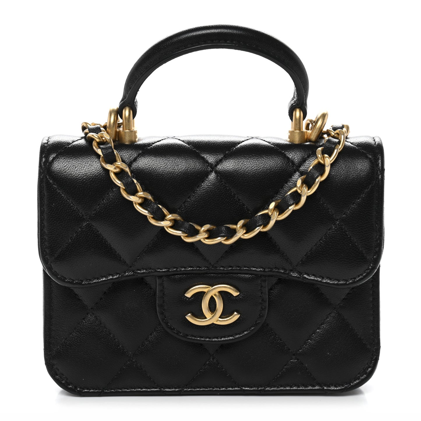 Lambskin Quilted Top Handle Flap Coin Purse With Chain Black