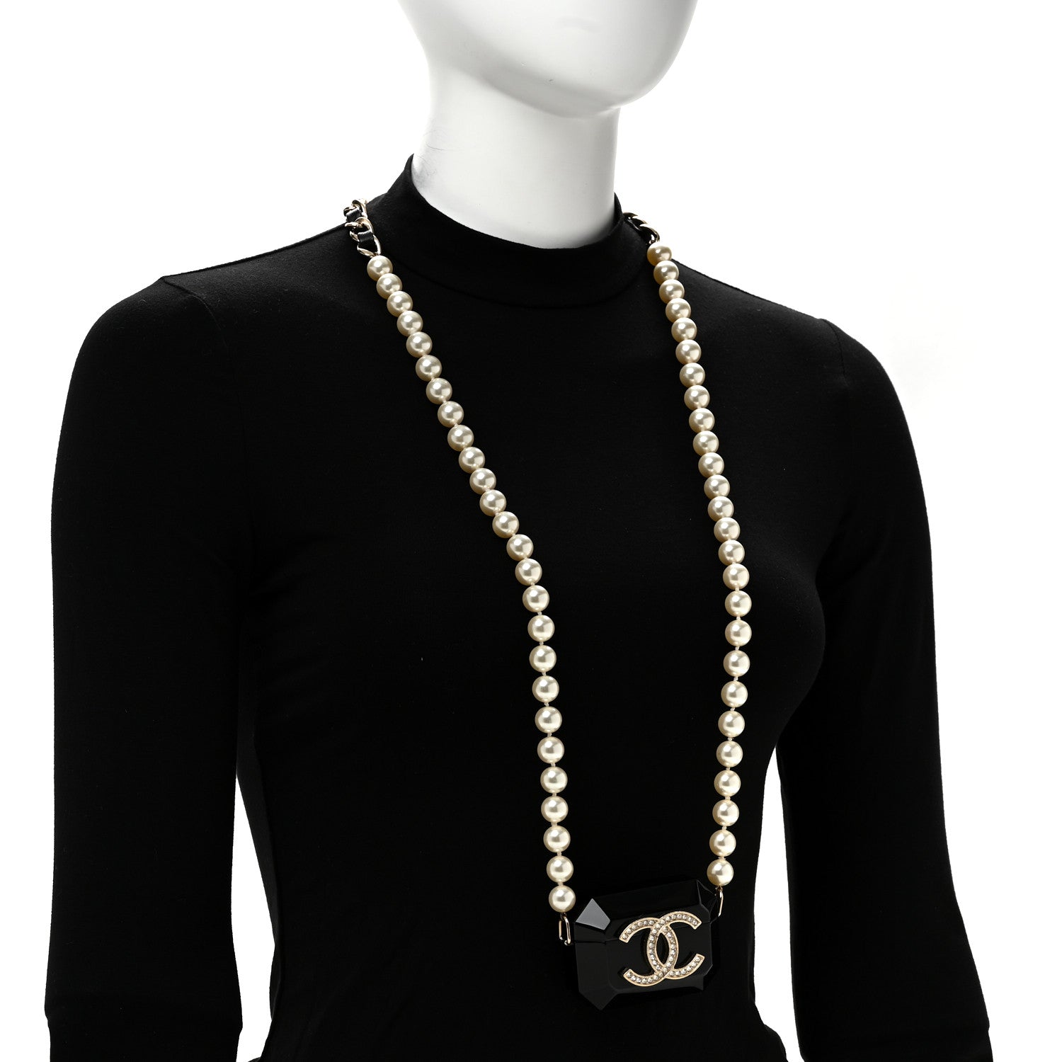 Chanel Resin Crystal Pearl Airpods Pro Holder Necklace Black Pearly White 2 of 6