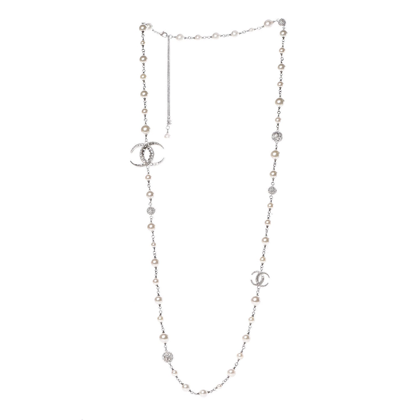 Crystal Pearl CC Long Necklace Silver
