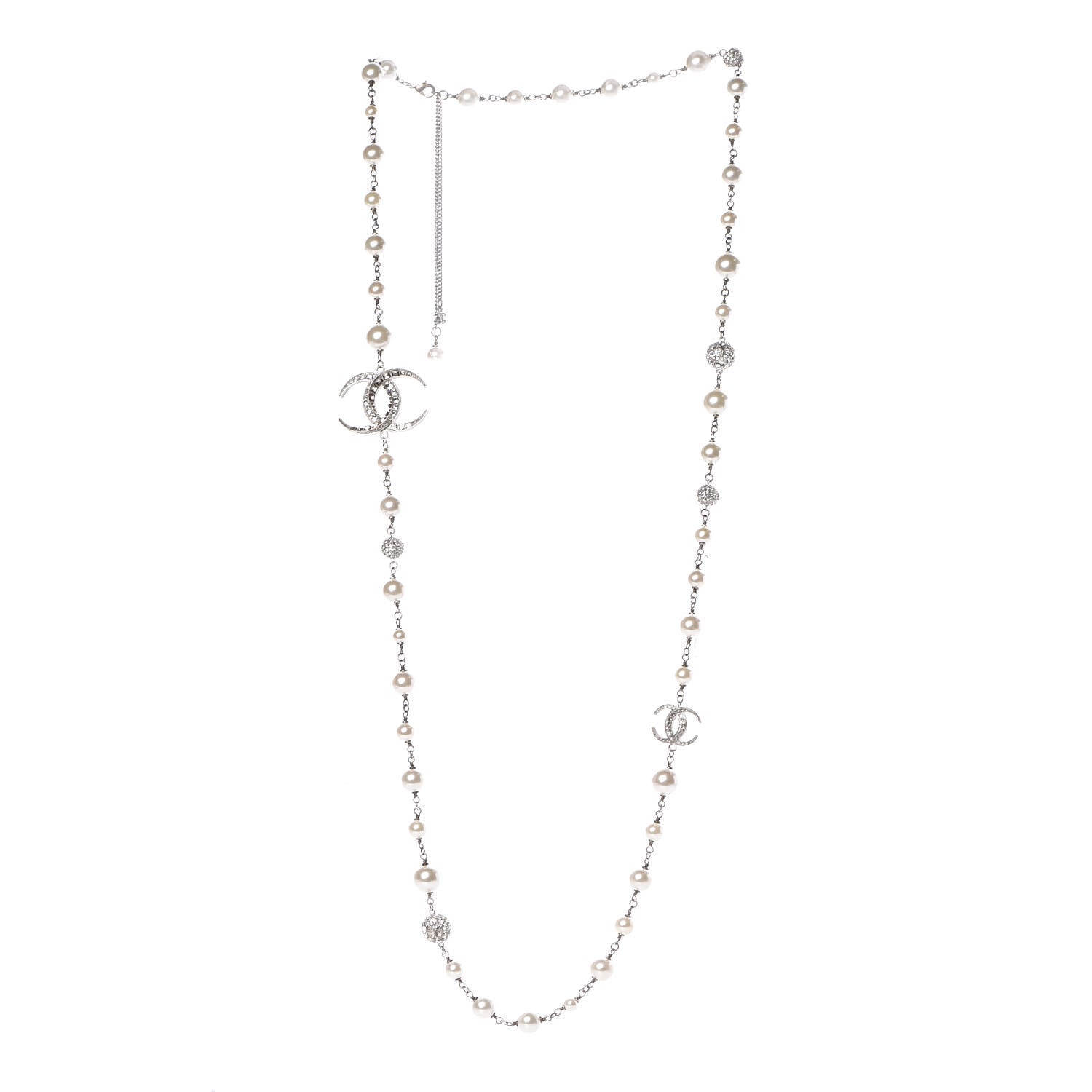 Chanel Crystal Pearl CC Long Necklace Silver 3 of 5