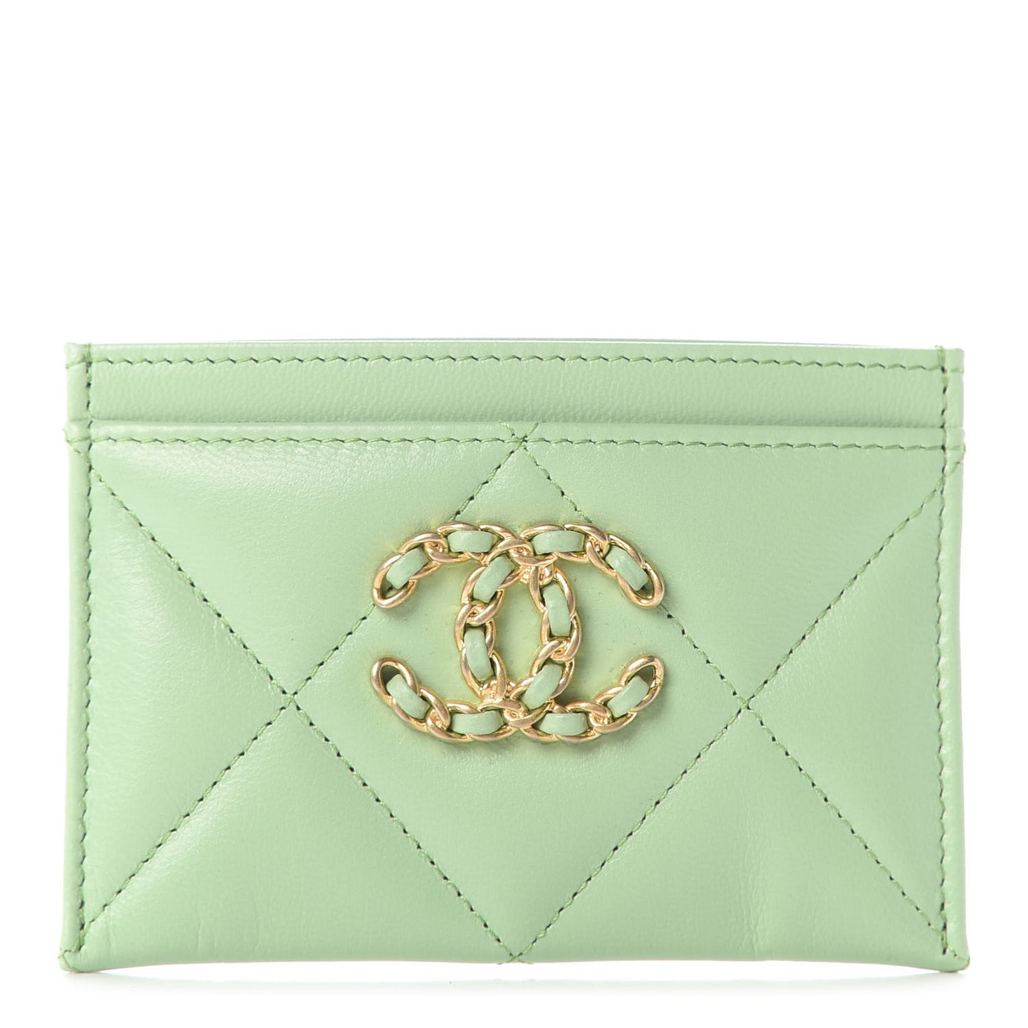 Shiny Goatskin Quilted Chanel 19 Card Holder Green