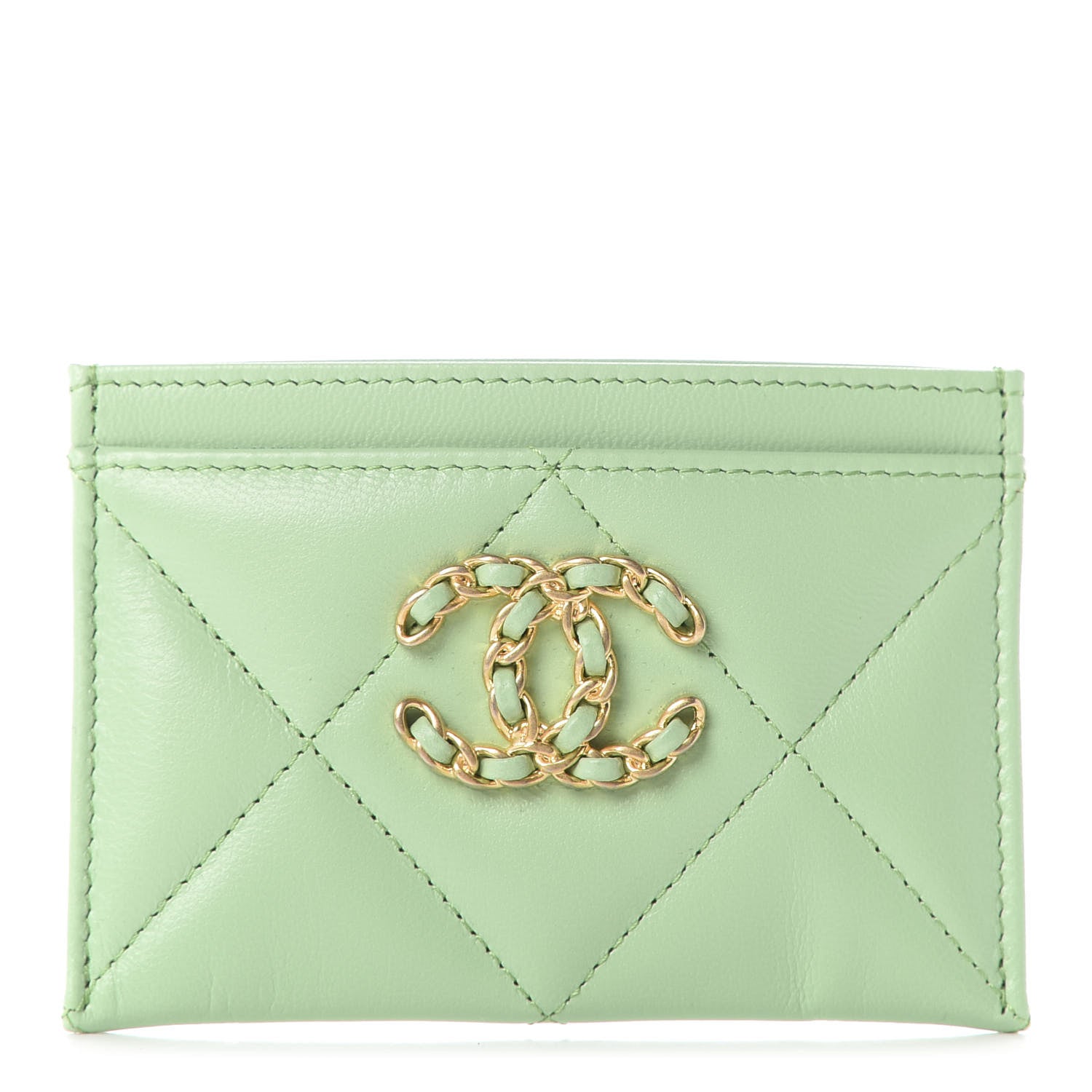 Chanel Shiny Goatskin Quilted Chanel 19 Card Holder Green 1 of 10