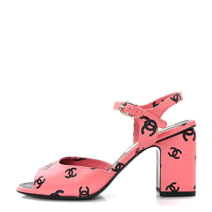 Chanel Printed Lambskin CC Sandals 36.5 Pink Black 1 of 8
