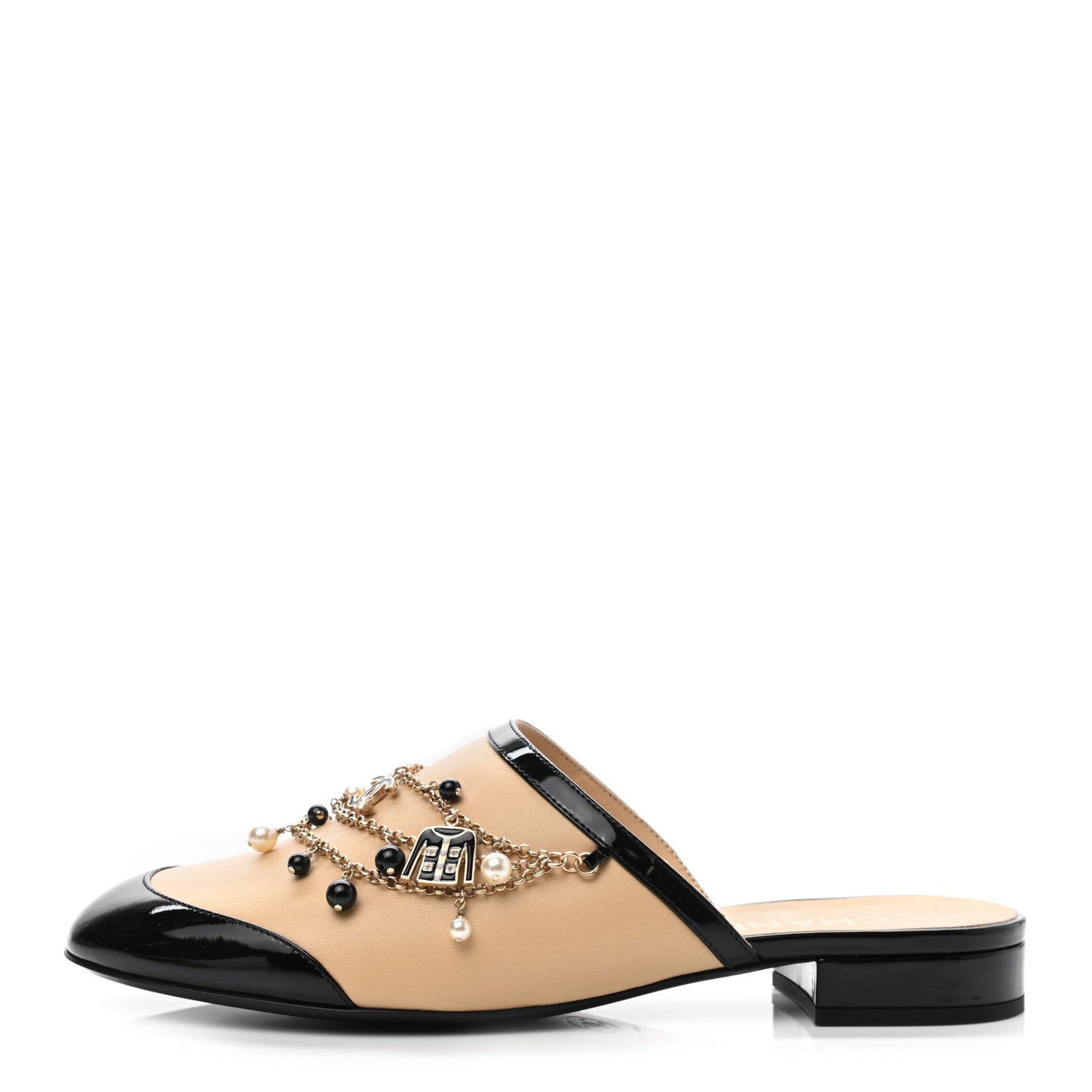 Chanel Lambskin Patent Pearl Chain Charm CC Mules 39 Beige Black 1 of 9