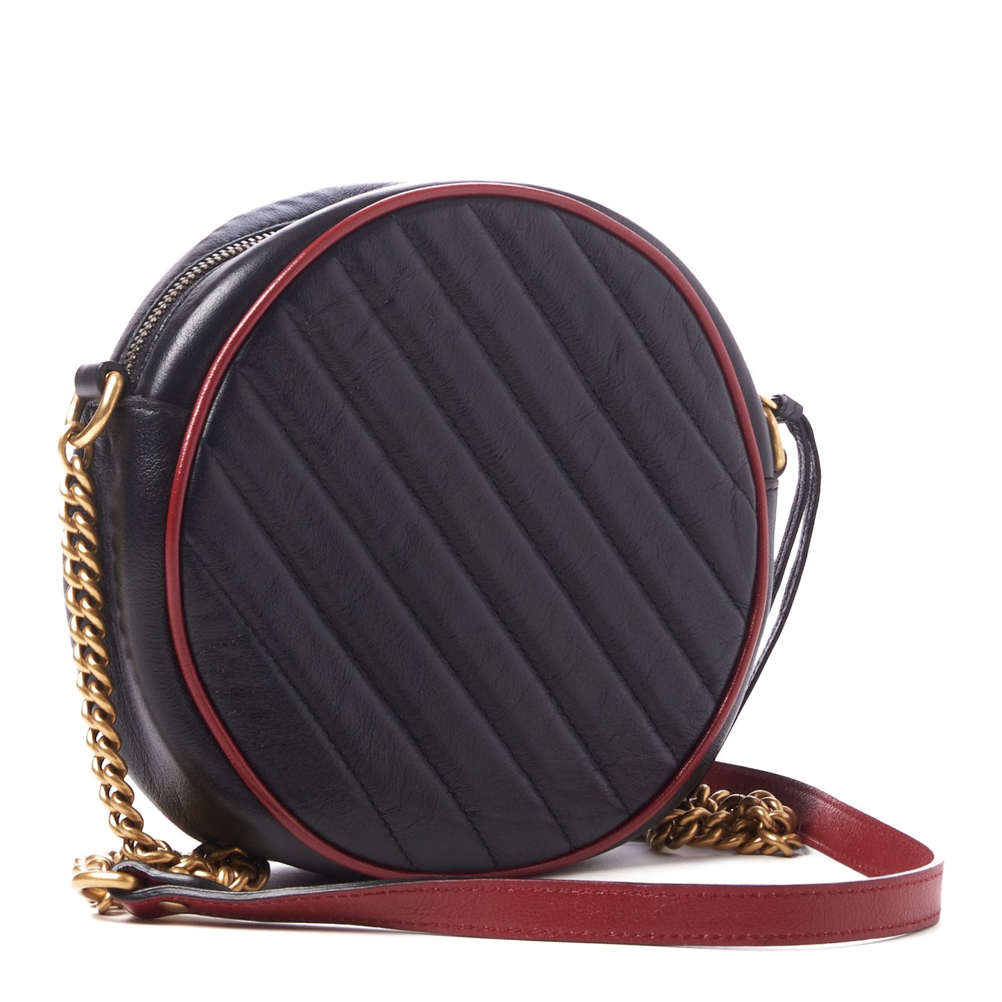 Vintage Effect Calfskin Matelasse Diagonal Mini Torchon GG Marmont Round Shoulder Bag Black Romantic Cherry