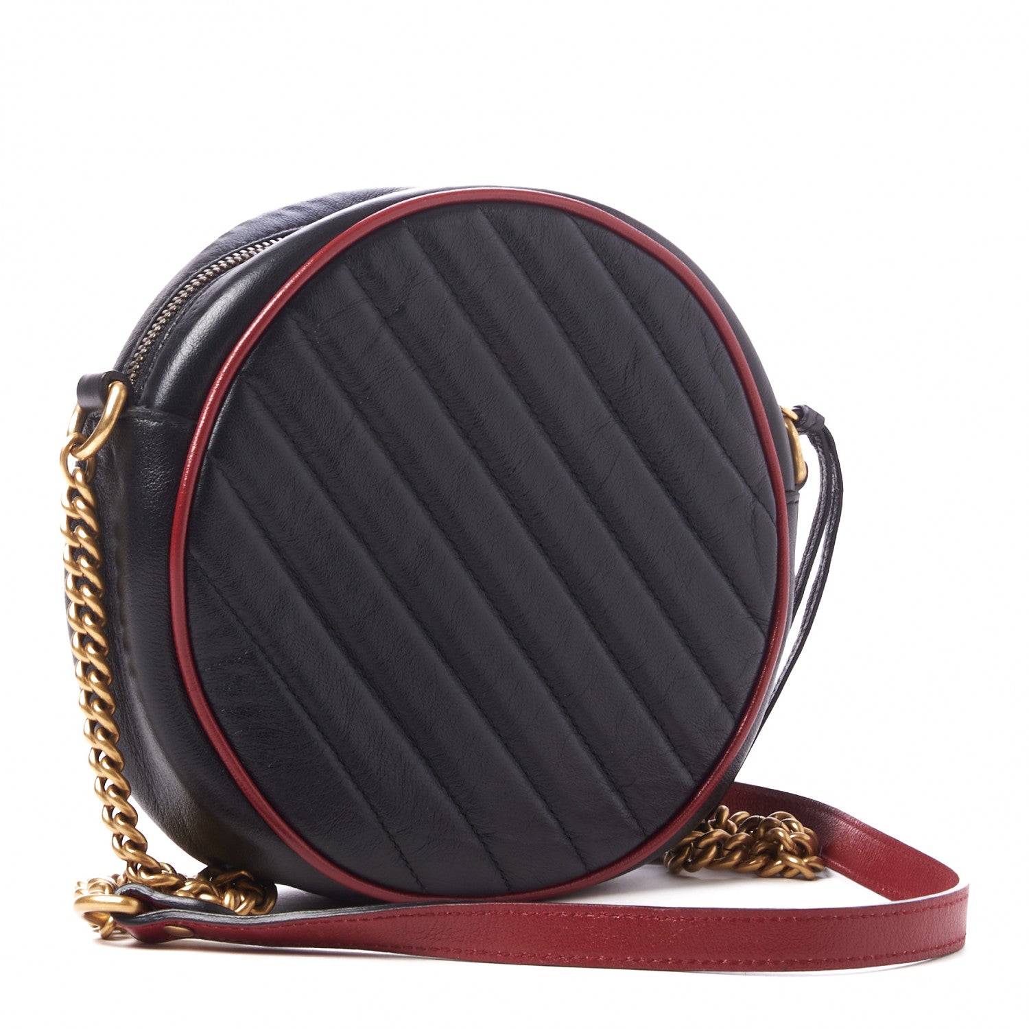 Gucci Vintage Effect Calfskin Matelasse Diagonal Mini Torchon GG Marmont Round Shoulder Bag Black Romantic Cherry 2 of 7