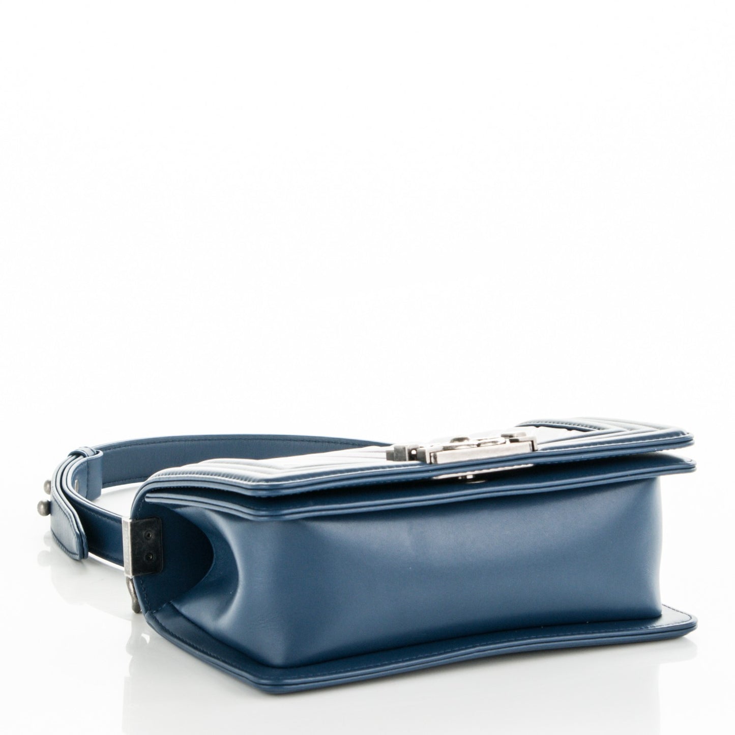 Calfskin Painted Chevron Embossed Small Boy Flap Dark Blue