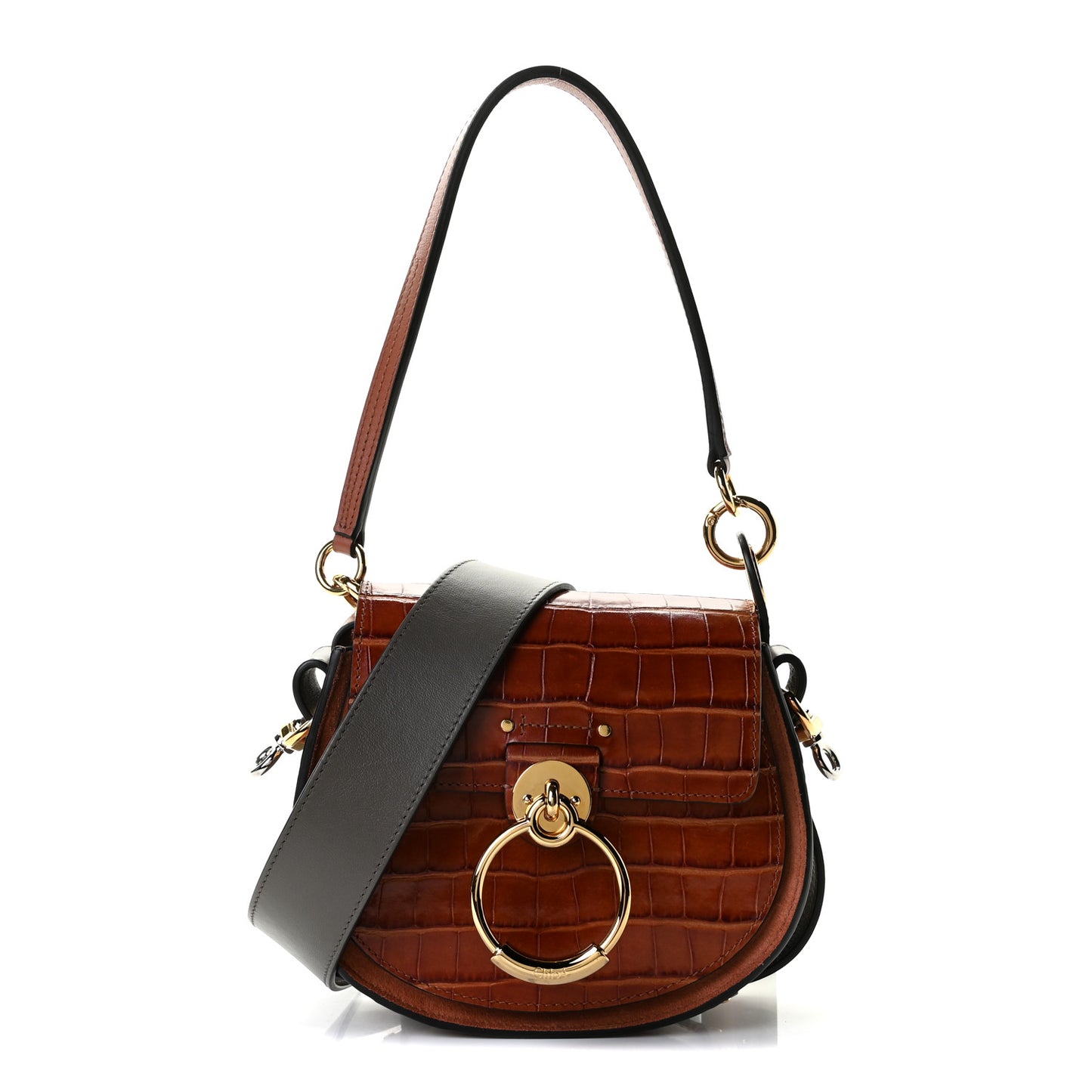 Calfskin Crocodile Embossed Small Tess Bag Chestnut