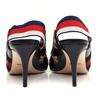 Gucci Calfskin Web Bee Star Embroidered Sylvie Mid Heel Slingback Pumps 35.5 Black 7 of 11