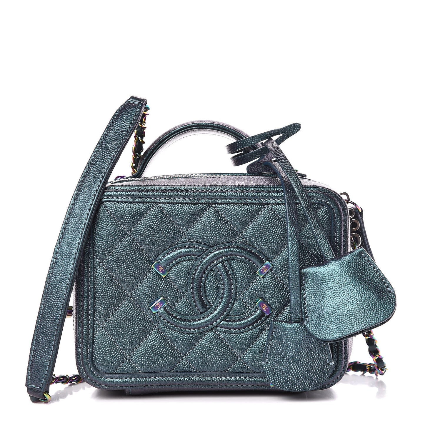 Iridescent Caviar Quilted Small CC Filigree Vanity Case Dark Turquoise