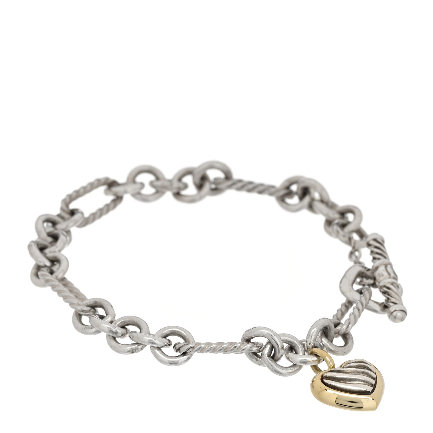 Sterling Silver 18k Yellow Gold Cable Heart Charm Bracelet