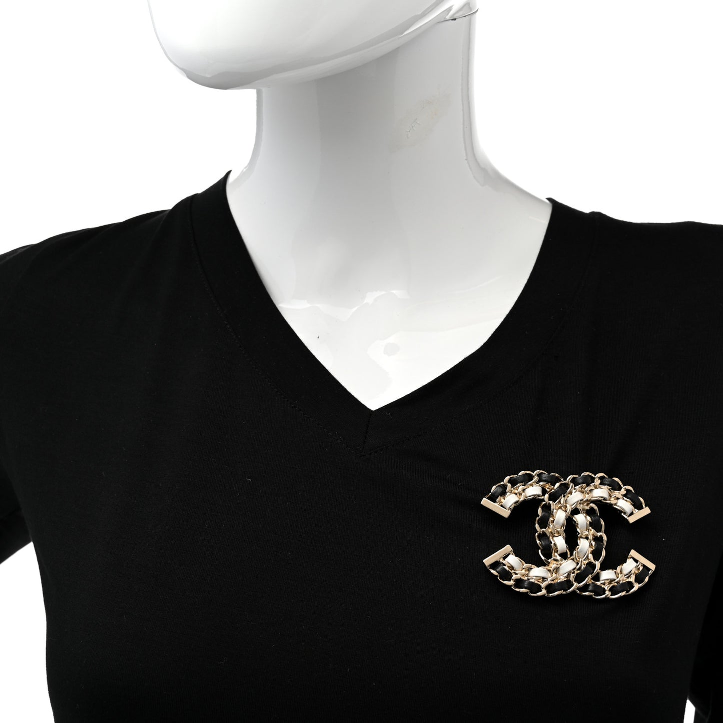 Lambskin Chain CC Brooch Black White Gold