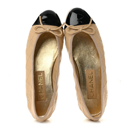 Chanel Lambskin Patent Double Stitched CC Cap Toe Ballerina Flats 37 Beige Black 2 of 10