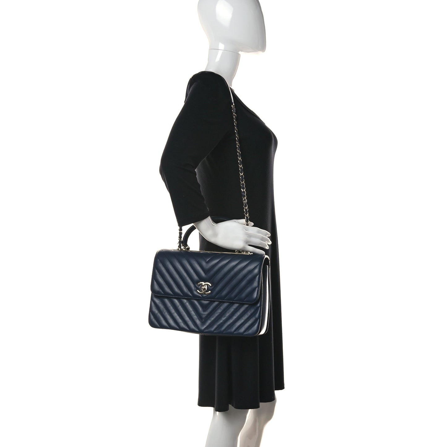 Lambskin Chevron Quilted Medium Trendy CC Dual Handle Flap Bag Navy