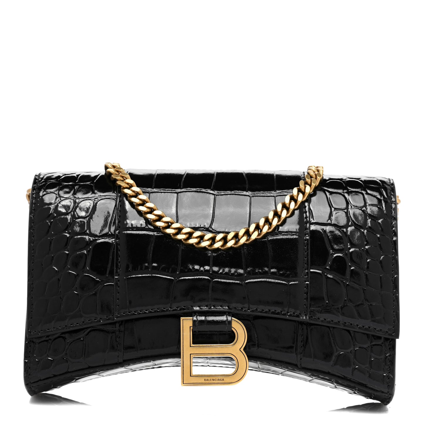 Shiny Calfskin Crocodile Embossed Hourglass Chain Bag Black