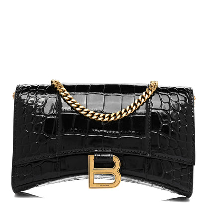 Balenciaga Shiny Calfskin Crocodile Embossed Hourglass Chain Bag Black 1 of 8