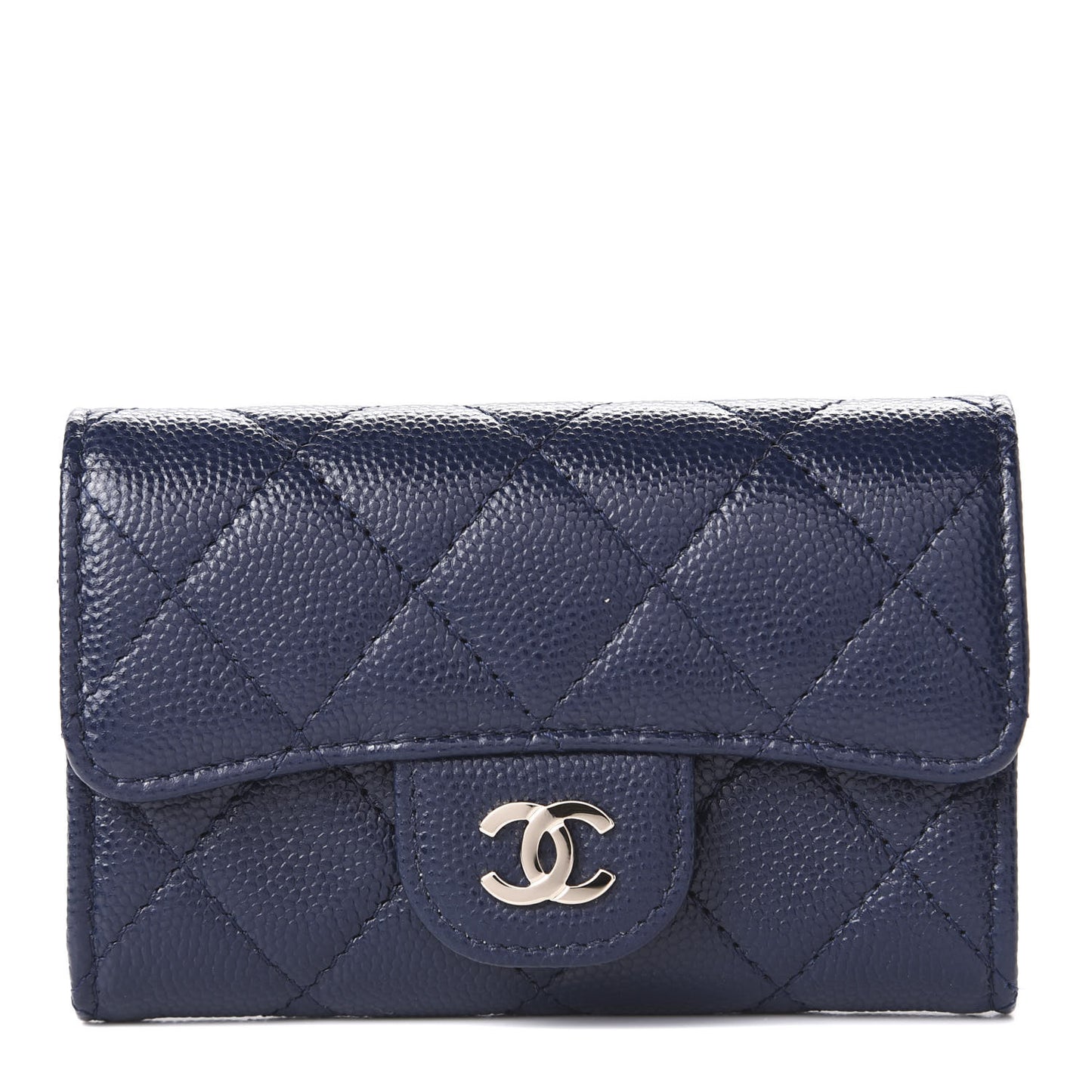 Caviar Quilted Flap Card Holder Wallet Navy Blue