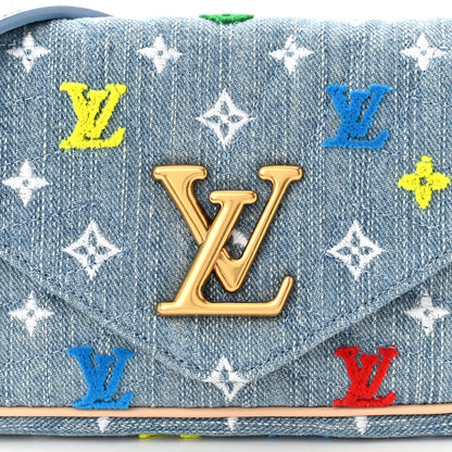 Louis Vuitton Embroidered Monogram Denim New Wave Chain Pochette Blue 7 of 9