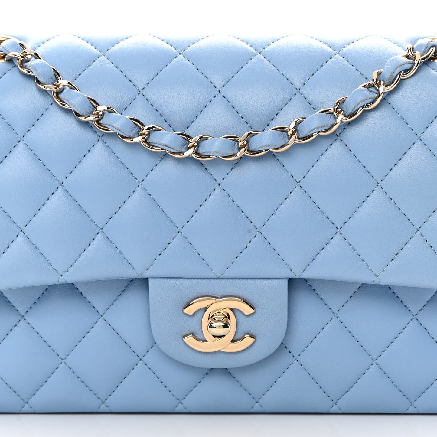 Lambskin Quilted Medium Double Flap Light Blue