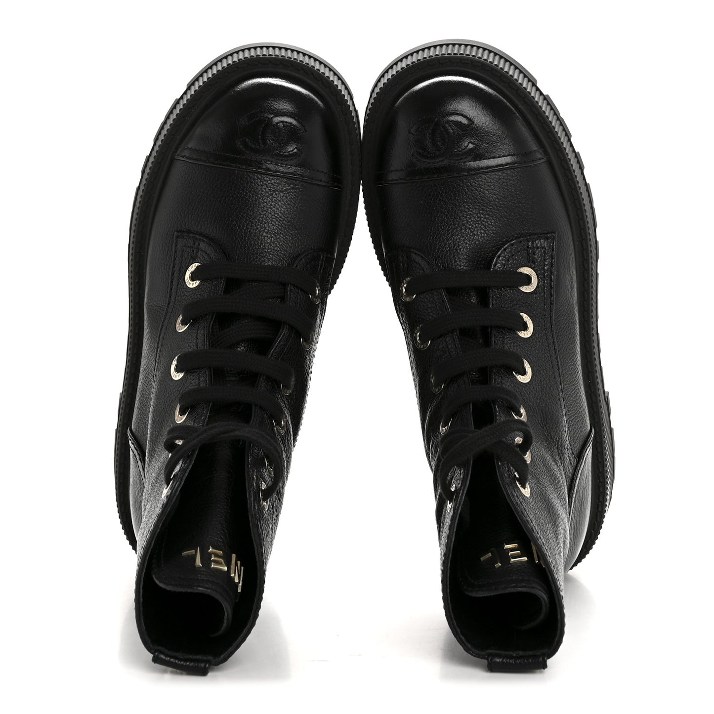 Grained Calfskin Shiny Calfskin CC Lace Up Combat Boots 36 Black