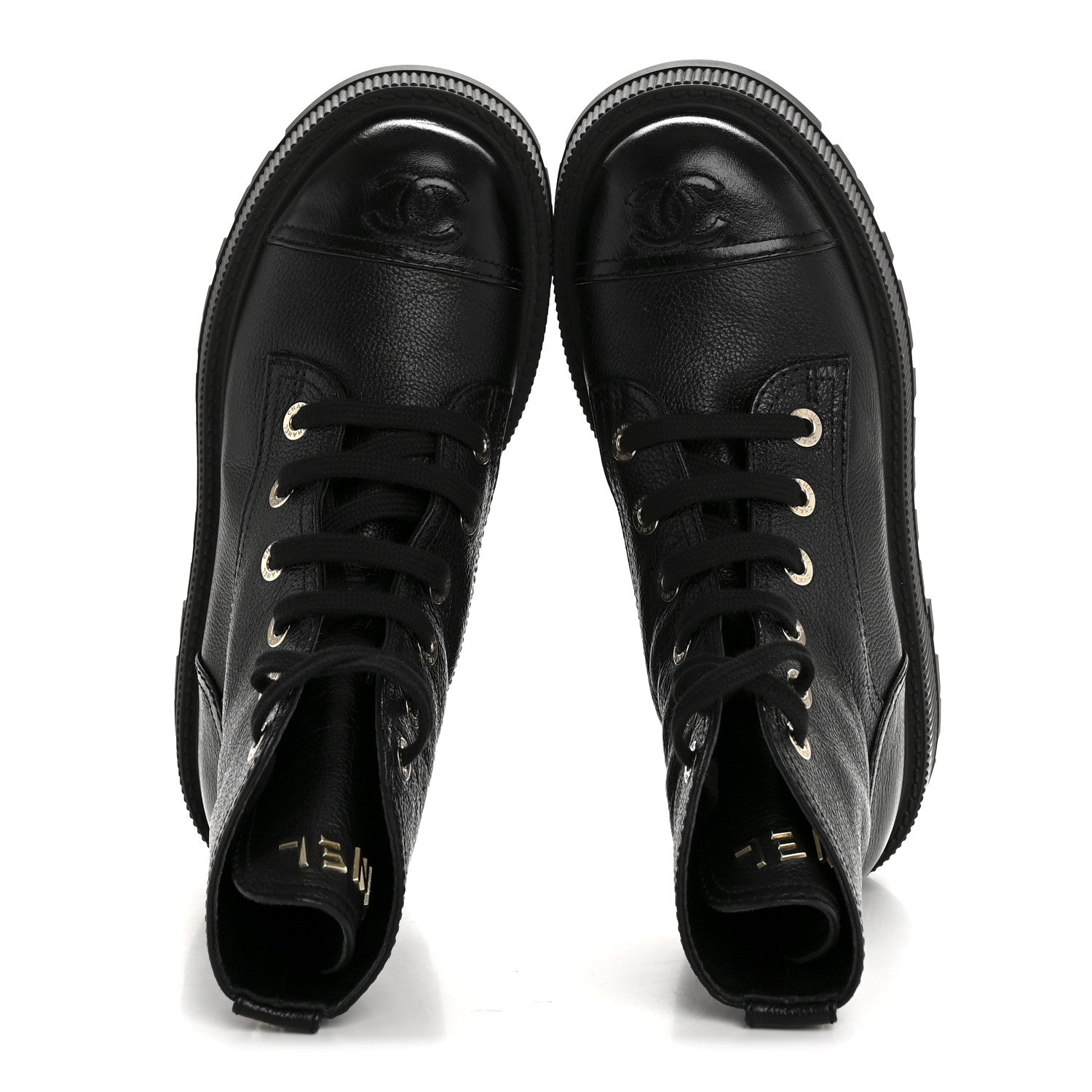 Chanel Grained Calfskin Shiny Calfskin CC Lace Up Combat Boots 36 Black 2 of 9