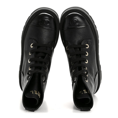 Chanel Grained Calfskin Shiny Calfskin CC Lace Up Combat Boots 36 Black 2 of 9
