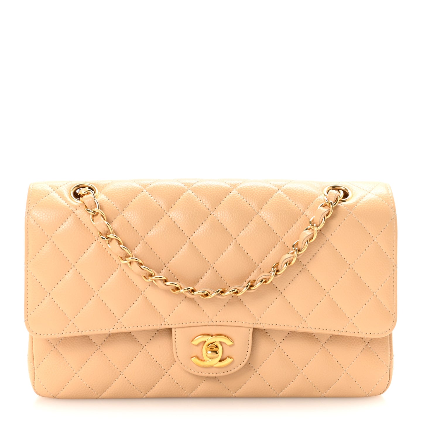 Caviar Quilted Medium Double Flap Beige
