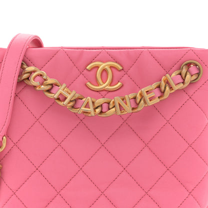 Chanel Lambskin Quilted Chaine Lettre Small Bucket Bag Pink 8 of 11