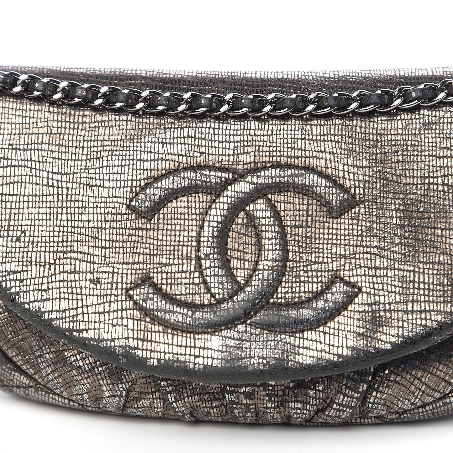 Iridescent Stamped Calfskin Half Moon Wallet On Chain WOC Silver