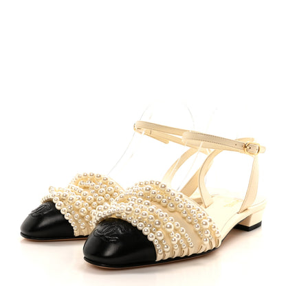 Chanel Lambskin Pearl Slingbacks 37.5 Ivory Black 4 of 9