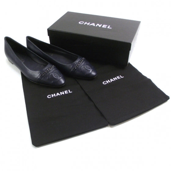 Leather Logo Chain Ballet Flats 40 Navy