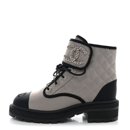 Chanel Fabric Grosgrain Quilted Cap Toe Lace Up Combat Boots 36 Gray 1 of 11