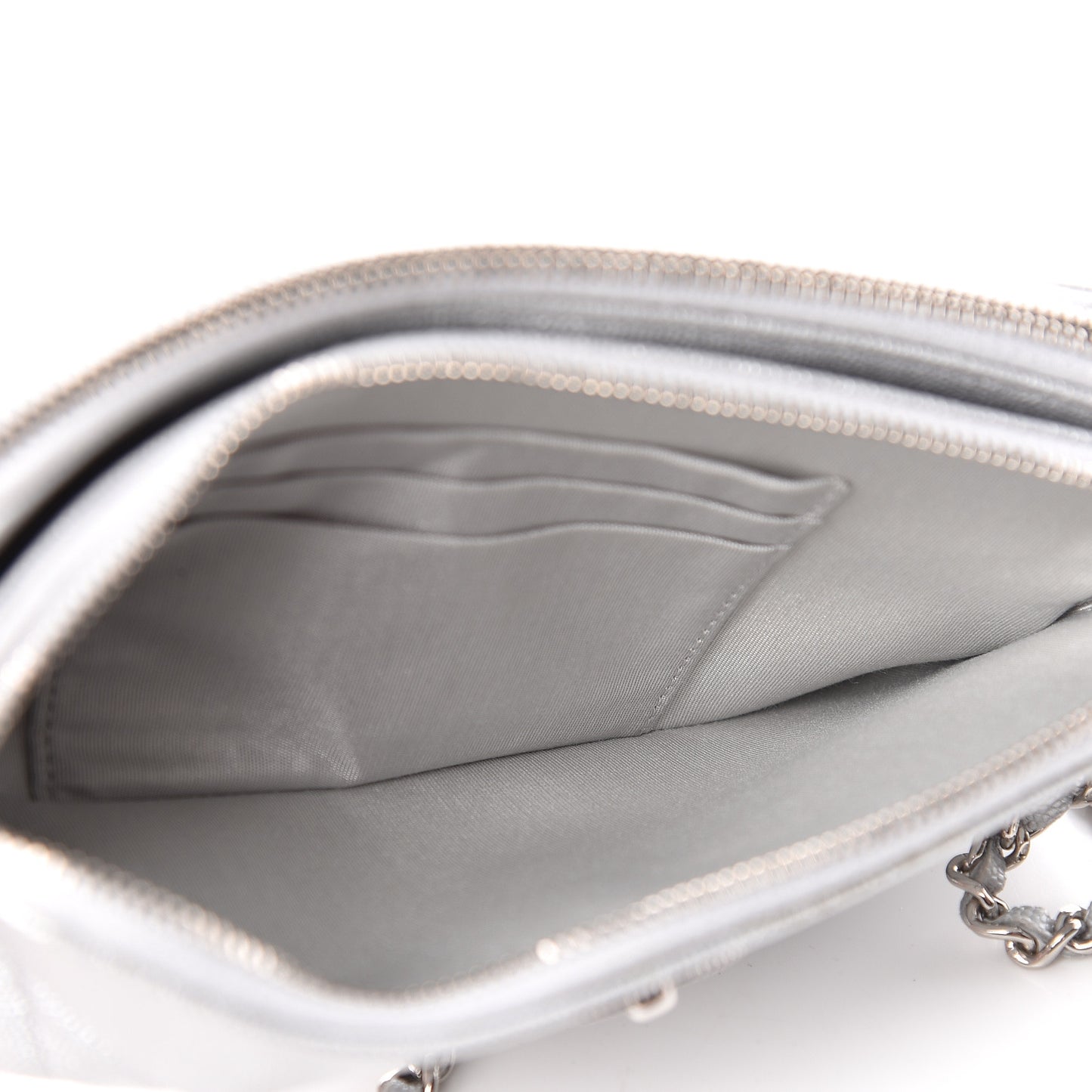Metallic Caviar Chevron Quilted Small Vintage Mademoiselle Clutch With Chain Silver