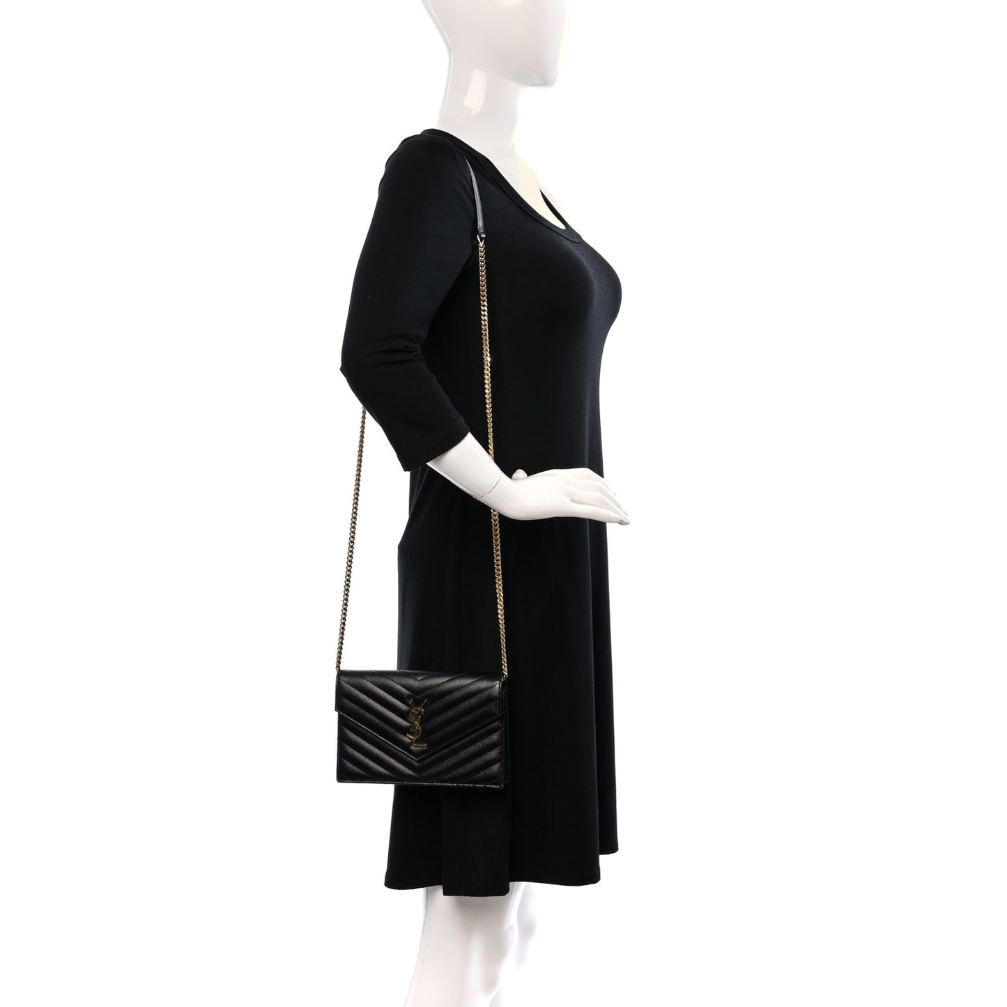 Grain De Poudre Matelasse Chevron Monogram Envelope Chain Wallet Black