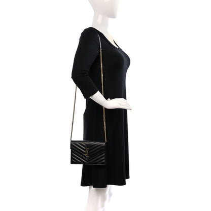 Saint Laurent Grain De Poudre Matelasse Chevron Monogram Envelope Chain Wallet Black 2 of 9