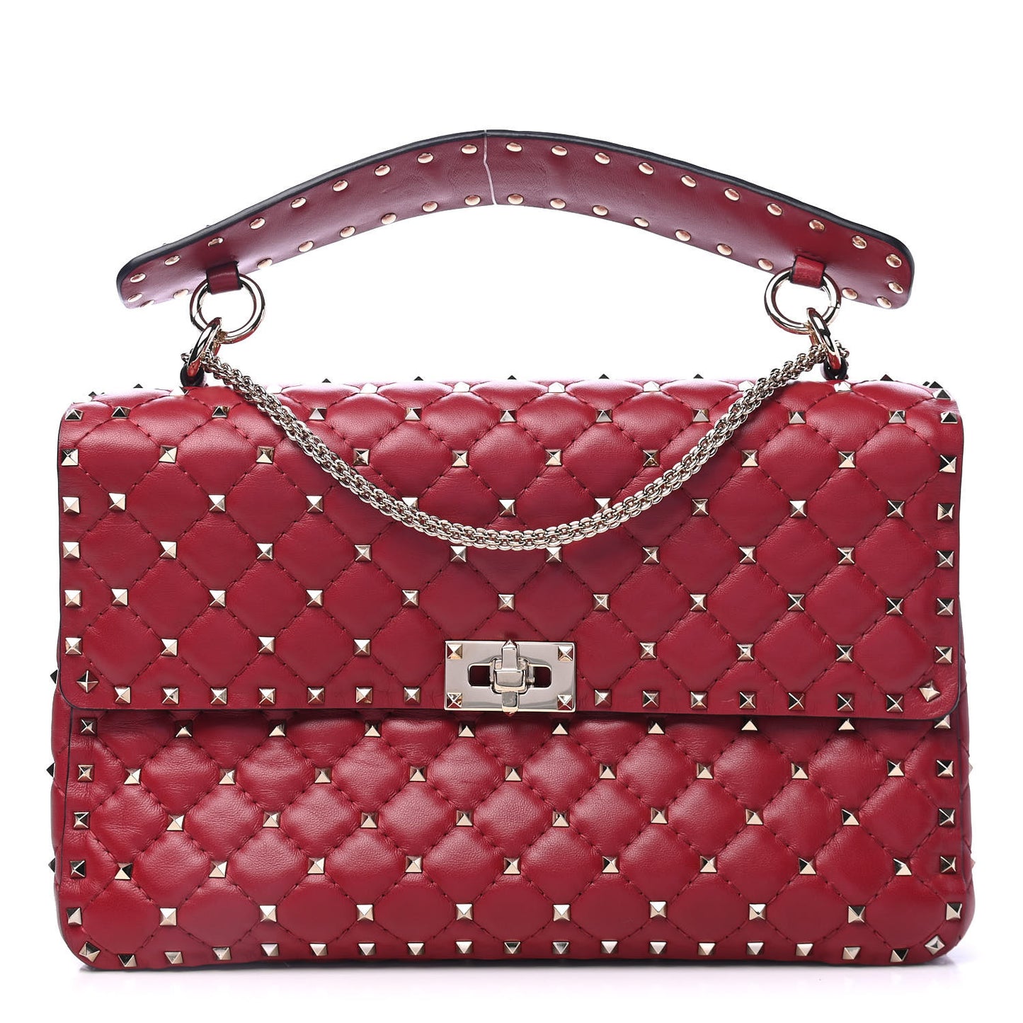 Lambskin Large Rockstud Spike Shoulder Bag Red