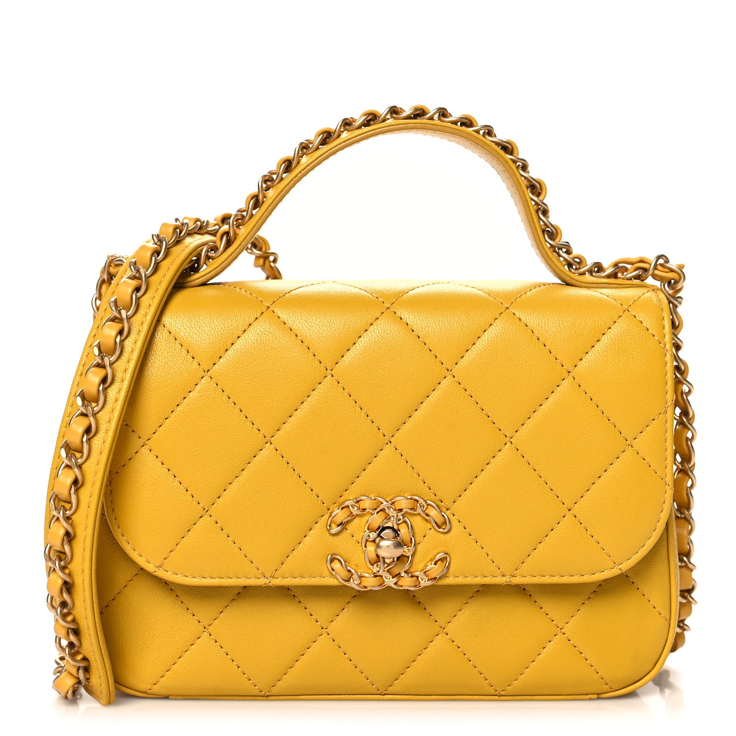 Chanel Lambskin Quilted Small Chain Infinity Top Handle Flap Yellow 1 of 10