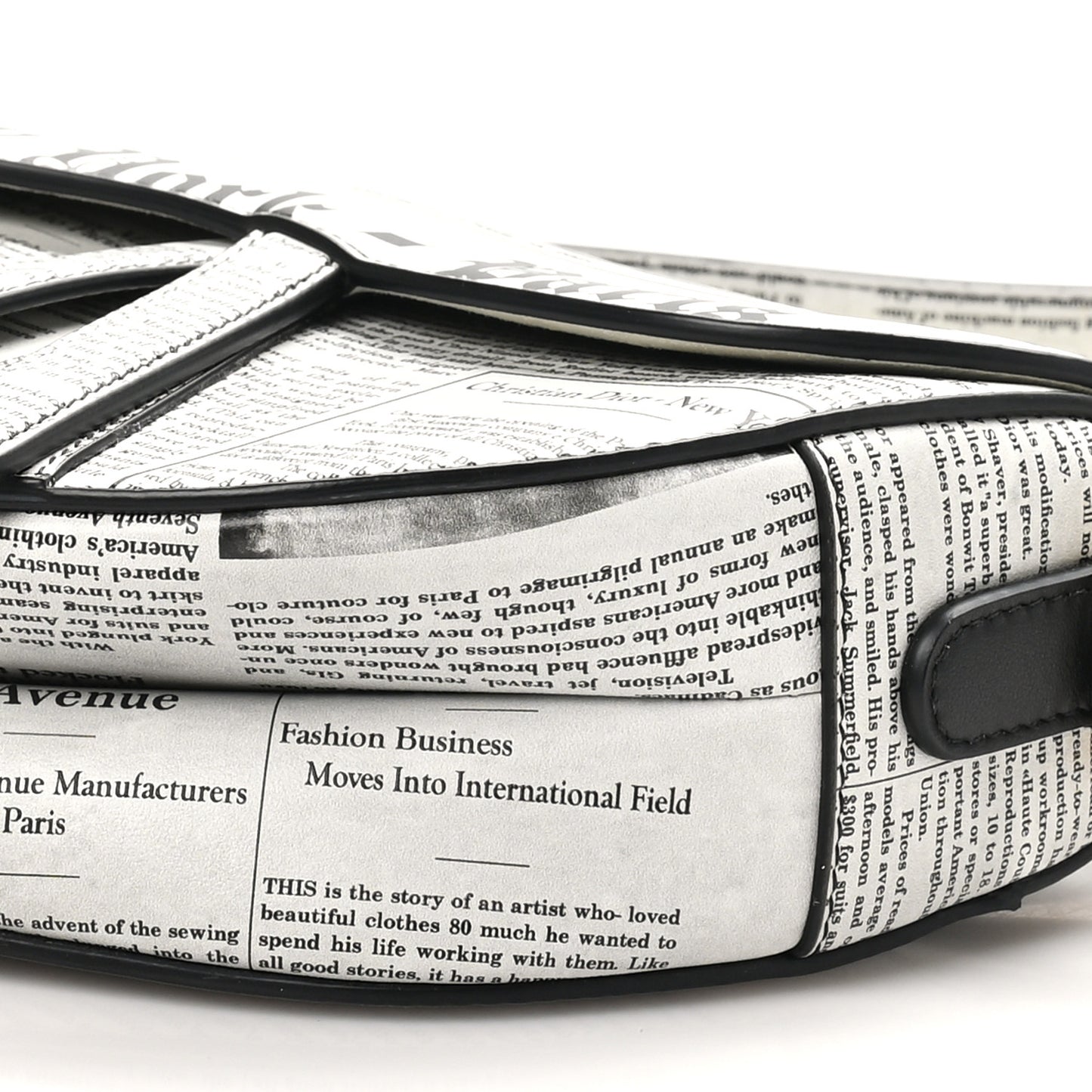 Calfskin Newspaper Printed Saddle Bag With Strap Black White