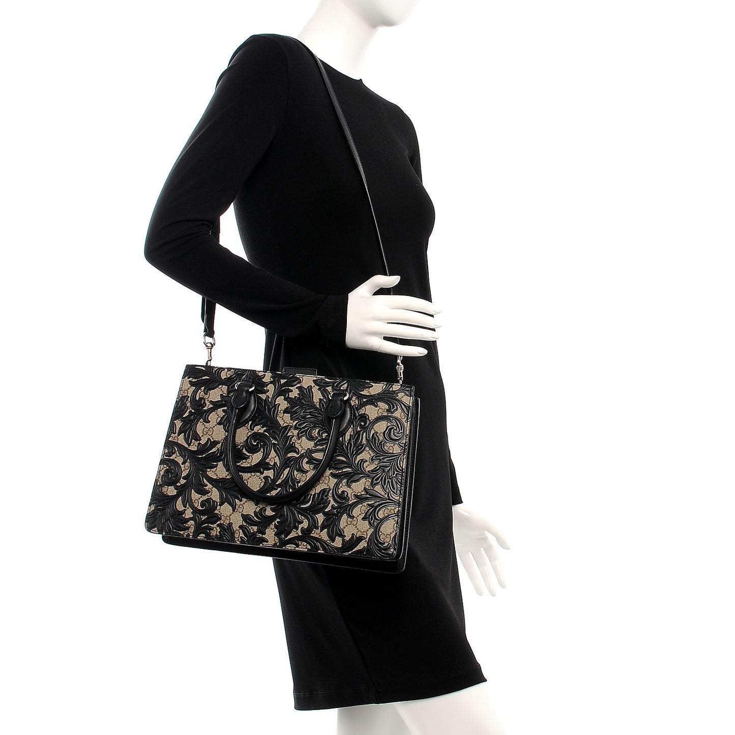 GG Supreme Monogram Arabesque Small Top Handle Bag Beige Black