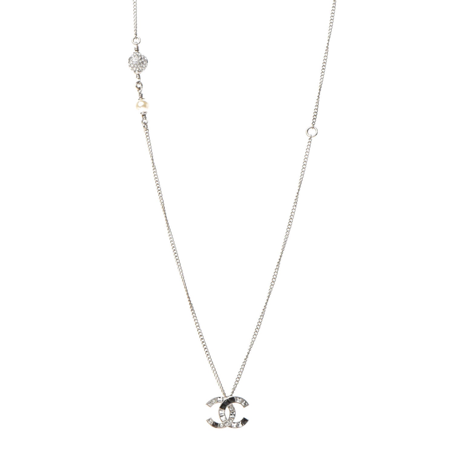 Chanel Baguette Crystal Pearl CC Necklace Silver Black 1 of 7
