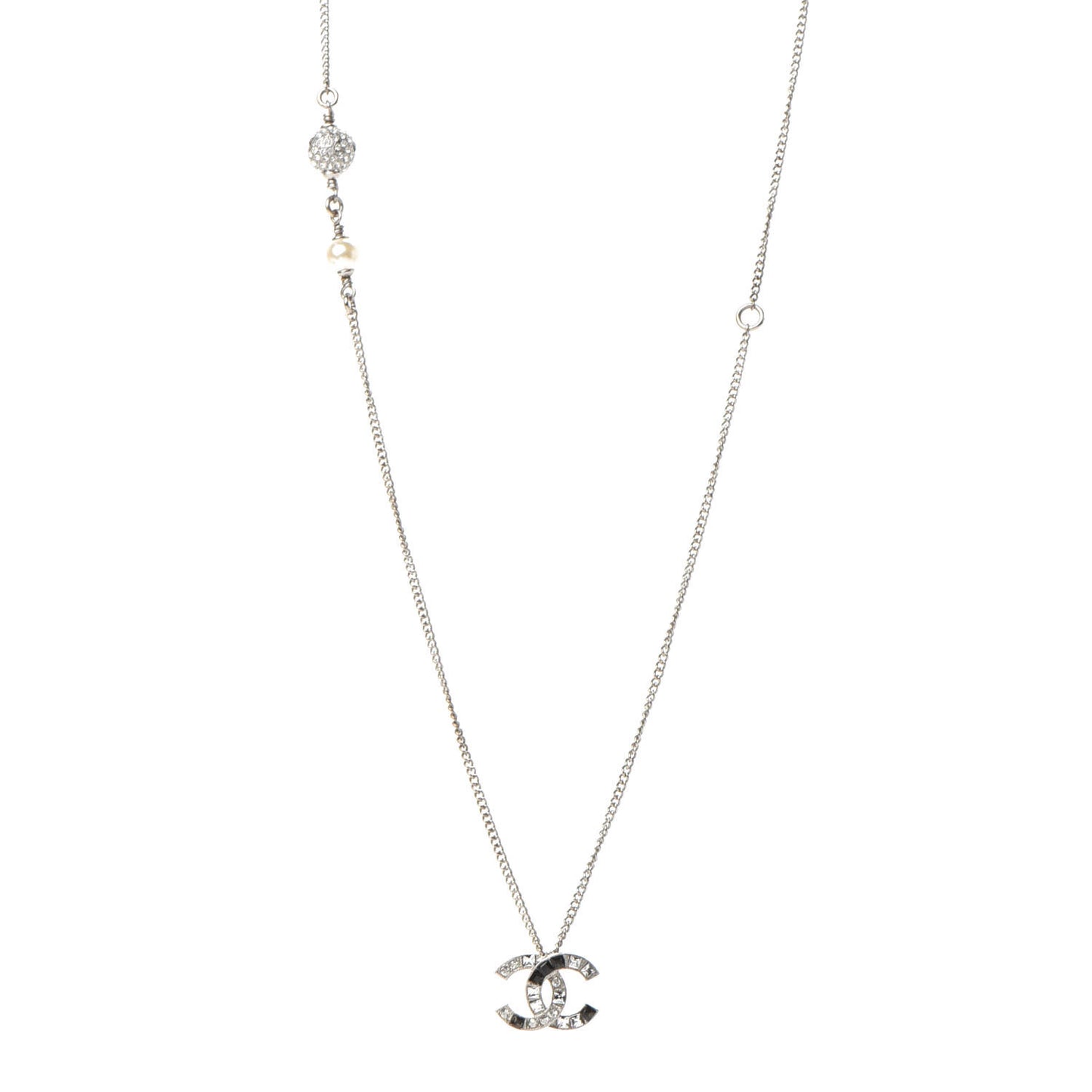 Baguette Crystal Pearl CC Necklace Silver Black