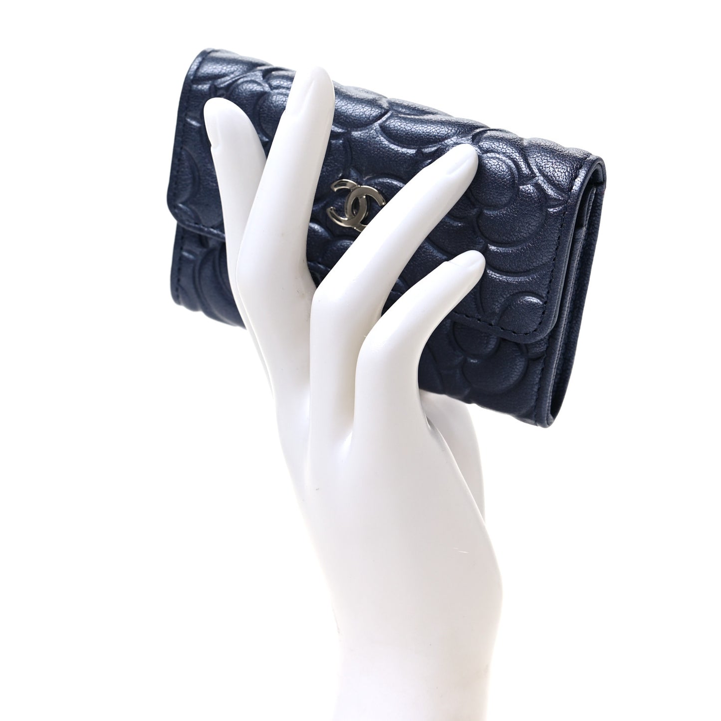 Goatskin Camellia Embossed Flap Card Holder Wallet Dark Blue