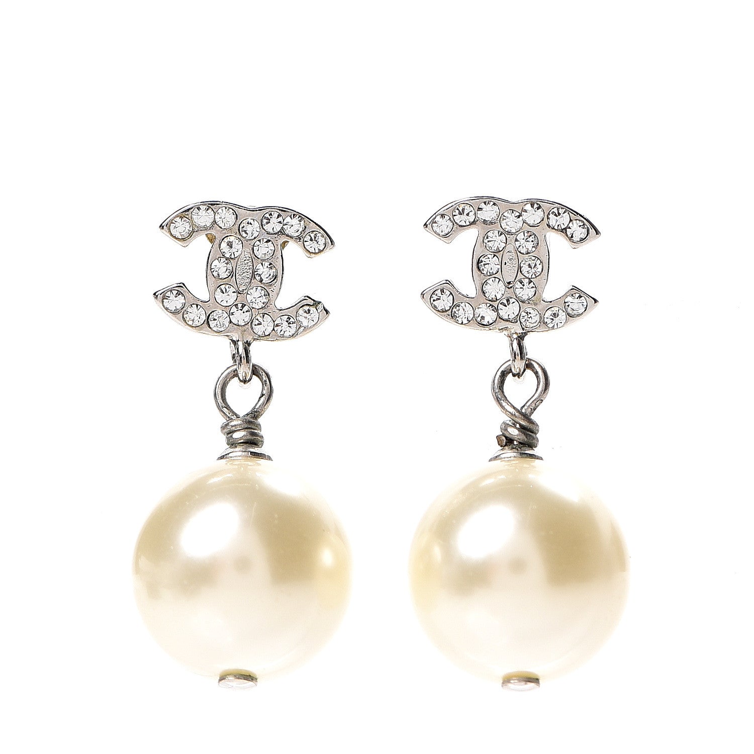 Chanel Crystal Pearl CC Drop Earrings Silver Pearly White 1 of 5