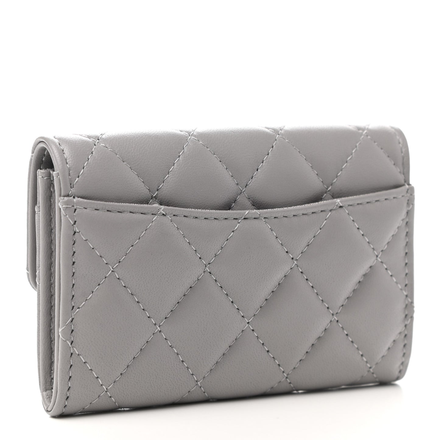 Lambskin Quilted Flap Card Holder Wallet Grey
