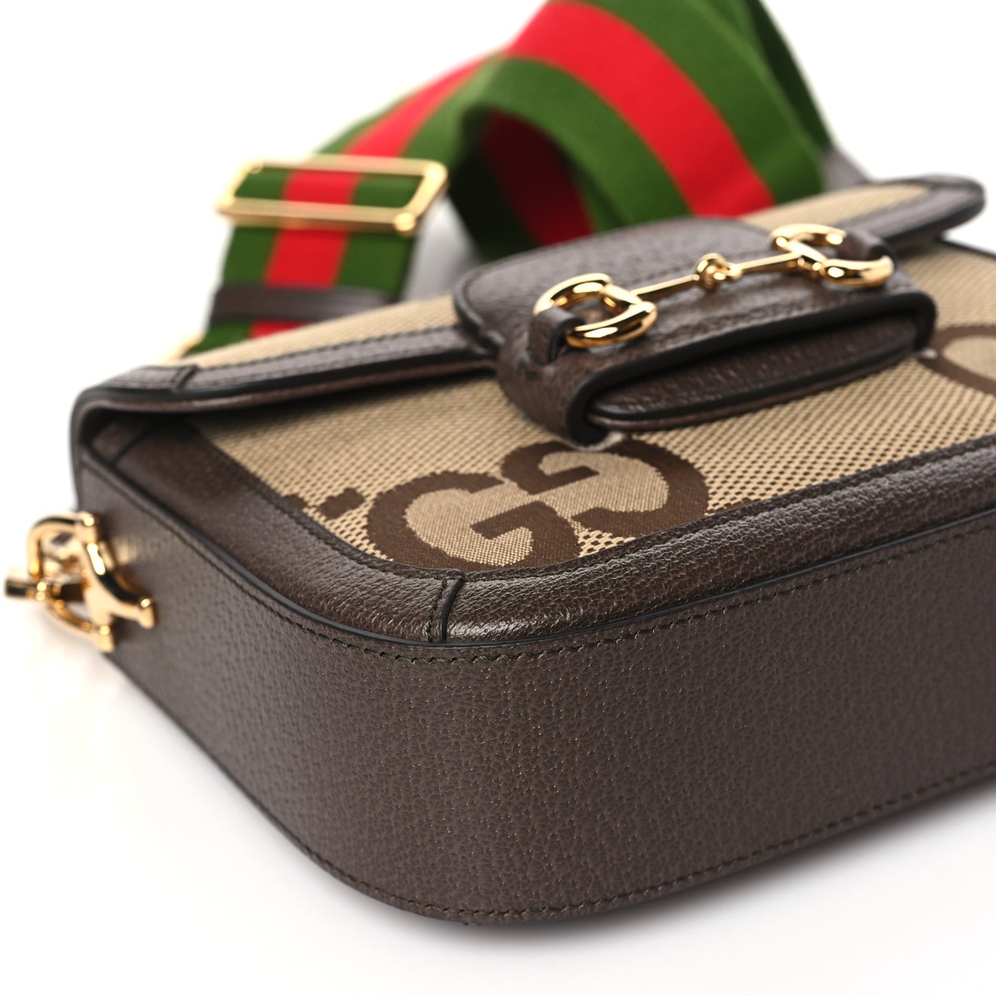 Monogram Jumbo GG Textured Dollar Calfskin Web Mini Horsebit 1955 Shoulder Bag Camel Ebony New Acero