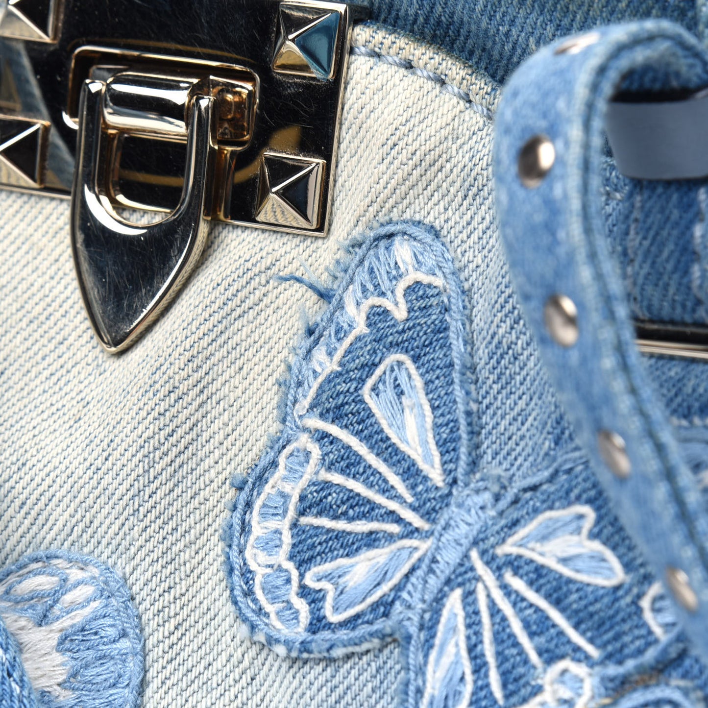 Denim Butterfly Embroidered Small Rockstud Tote Light Denim