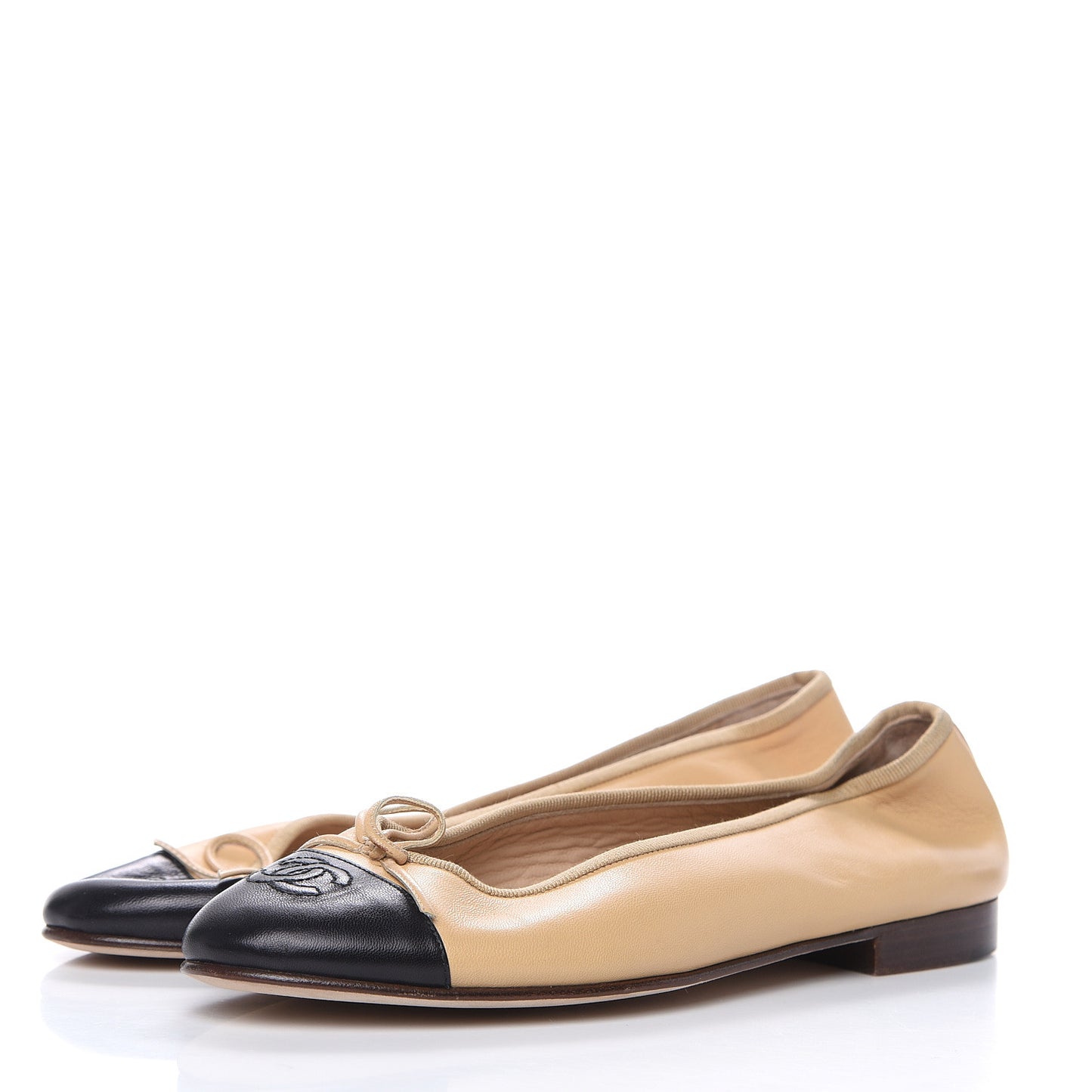 Lambskin Cap Toe Ballerina Flats 38.5 Beige Black