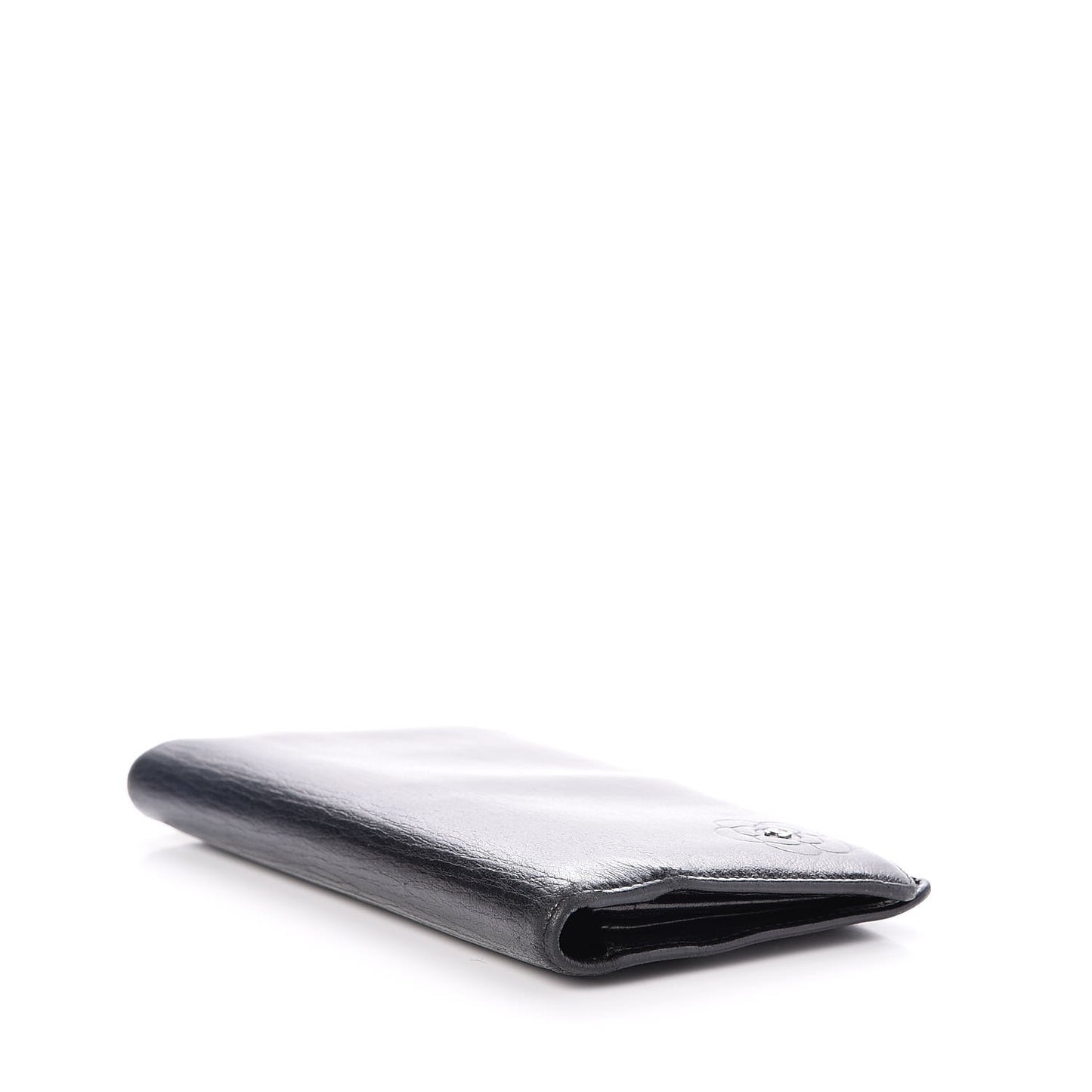 Goatskin Camellia Embossed Yen Wallet Black