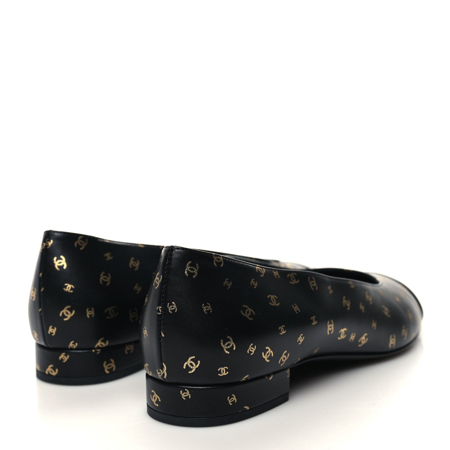 Chanel Lambskin Patent Calfskin Printed CC Cap Toe Ballerina Flats 39.5 Black Gold 4 of 9